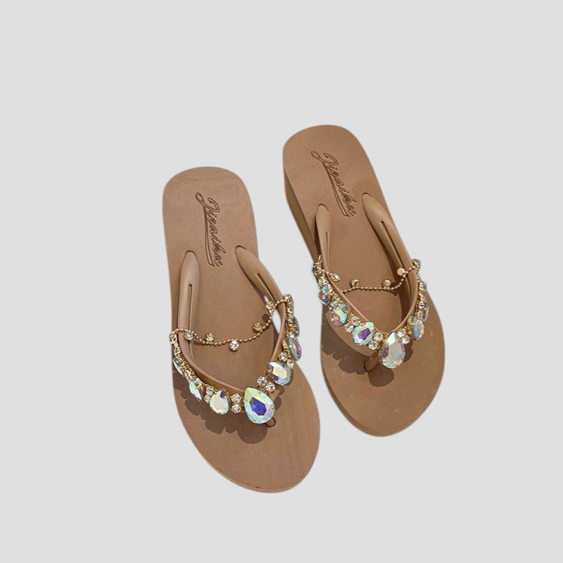 Tongs à Semelle Épaisse Et Chaîne En Strass Pour Femmes