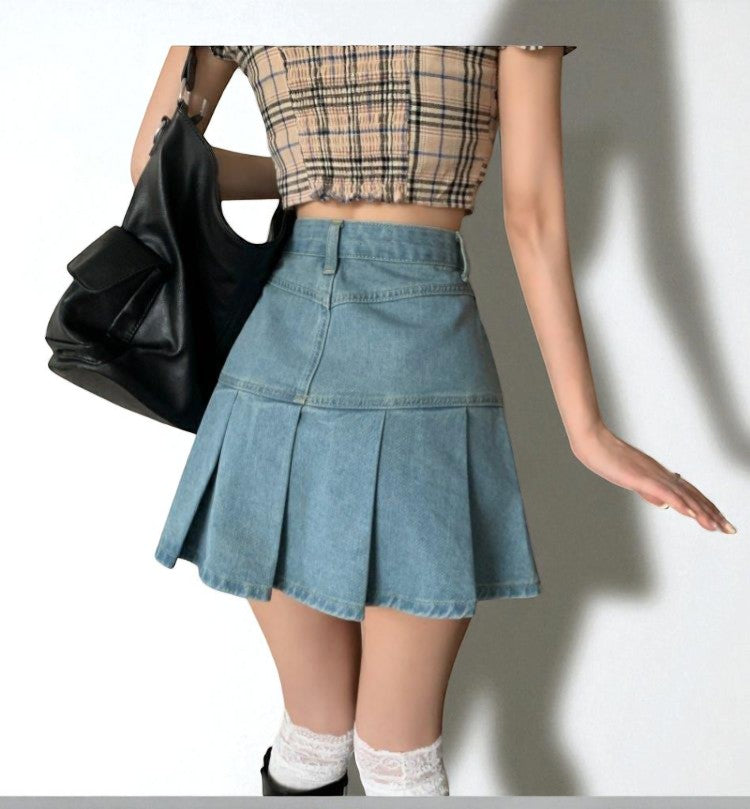 Jupe En Jean Plissée Taille Haute