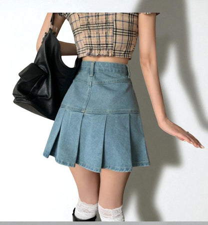 Jupe En Jean Plissée Taille Haute