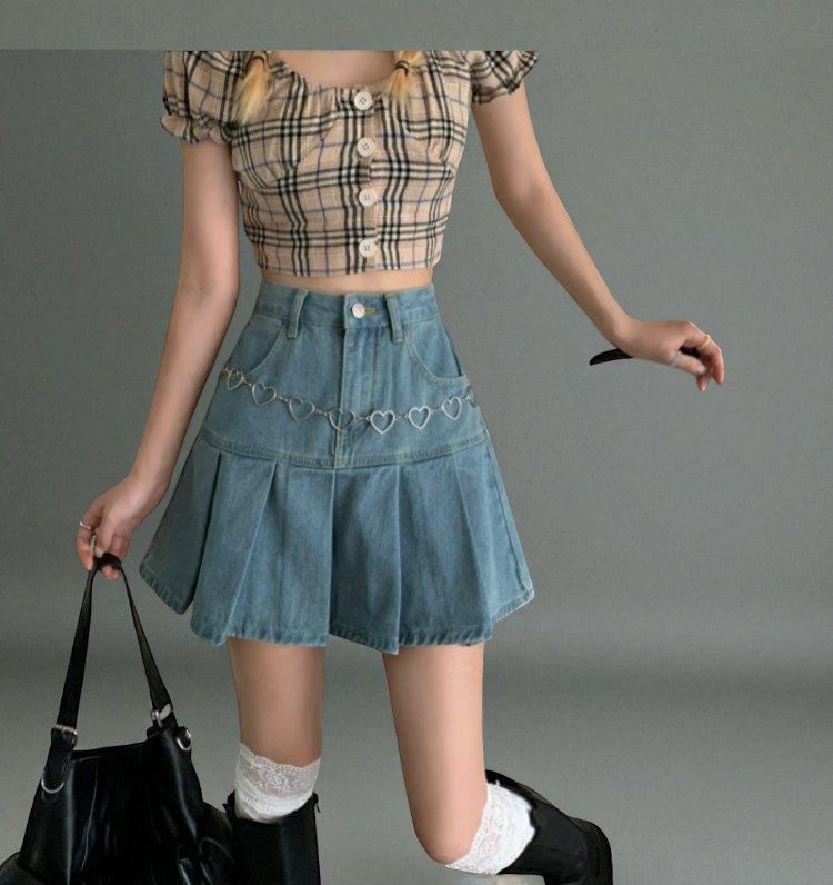 Jupe En Jean Plissée Taille Haute