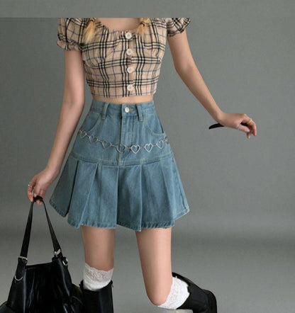 Jupe En Jean Plissée Taille Haute
