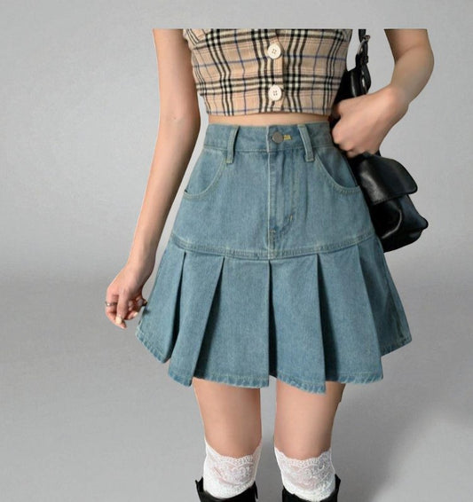 Jupe En Jean Plissée Taille Haute