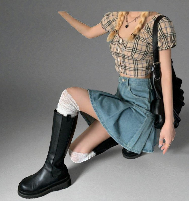 Jupe En Jean Plissée Taille Haute