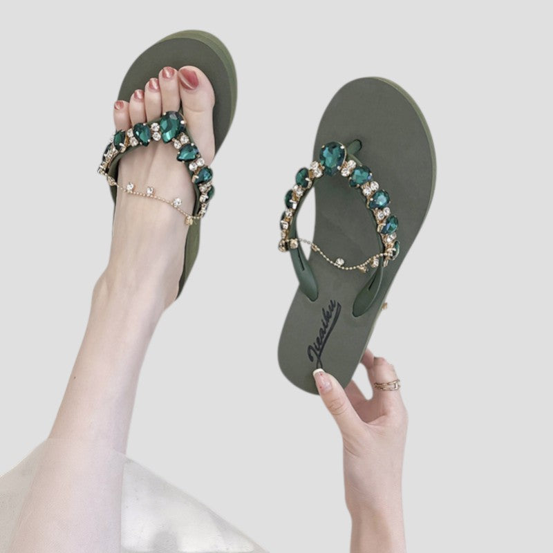 Tongs à Semelle Épaisse Et Chaîne En Strass Pour Femmes