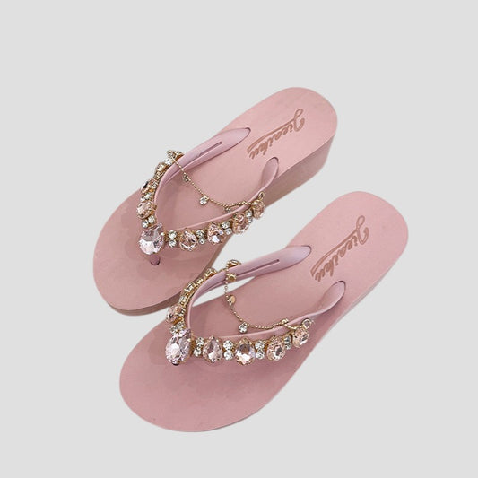 Tongs à Semelle Épaisse Et Chaîne En Strass Pour Femmes