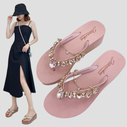 Tongs à Semelle Épaisse Et Chaîne En Strass Pour Femmes